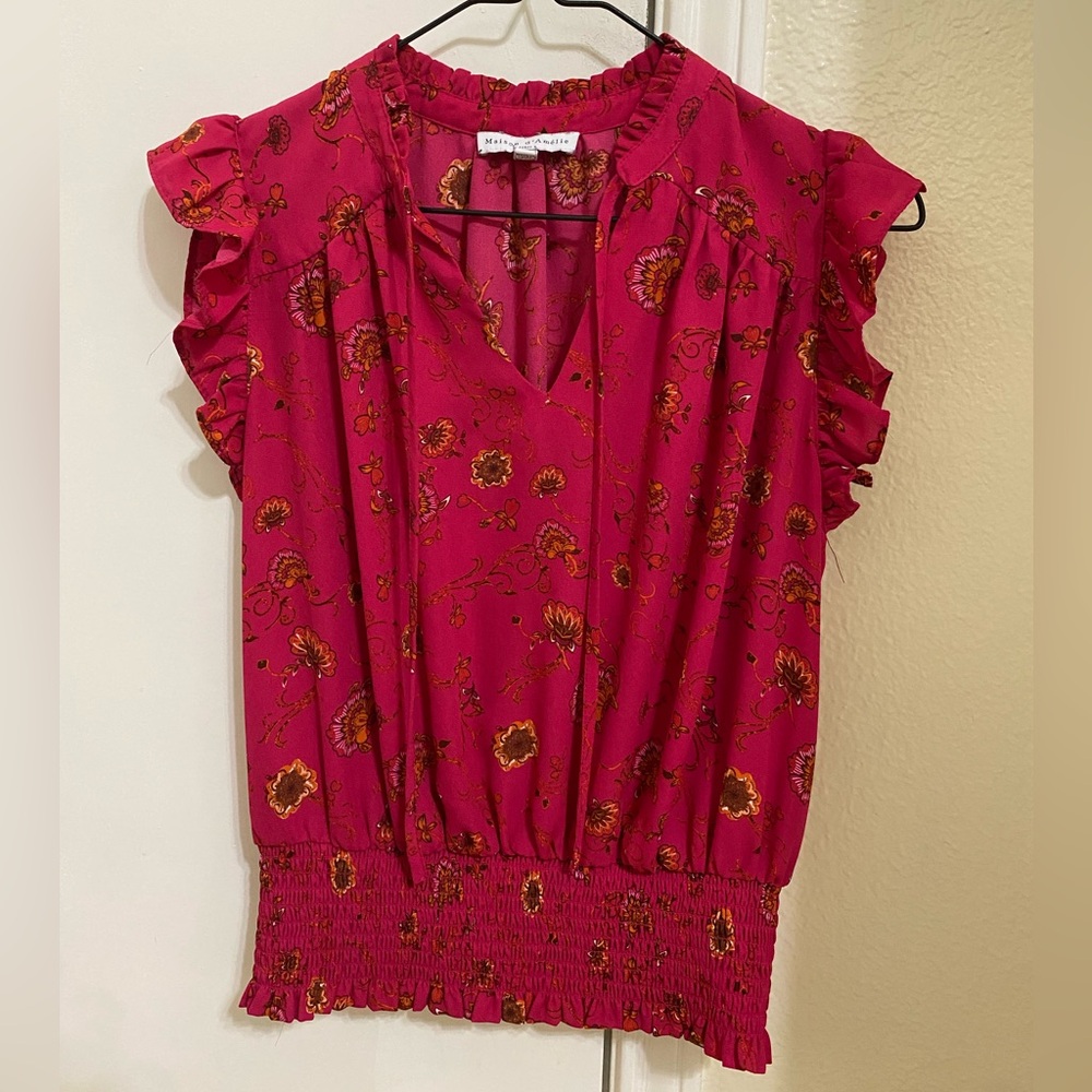 Red Floral Ruffle Sleeve Blouse - Picture 3 of 4